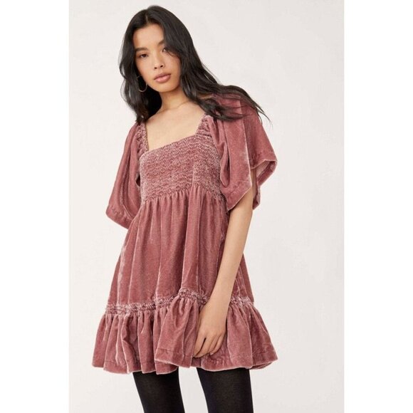 Free People Easy To Love Mini Dress in Dried Currant Small Womens Velvet Babydol - Picture 12 of 12